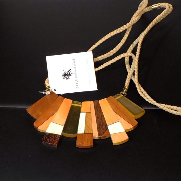 New Noonday Boho Wood Slat Necklace, Adjustable Braided Cord. Made in India - Picture 2 of 5